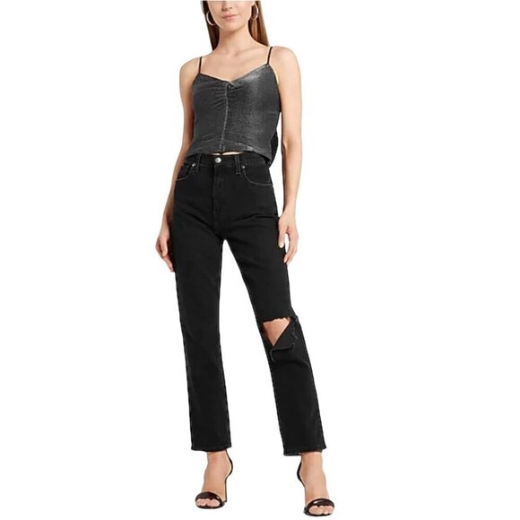 NWT Express Size S  Metallic Silver Pleated Bow Back Cropped Cami Sleeveless Top - Picture 2 of 10